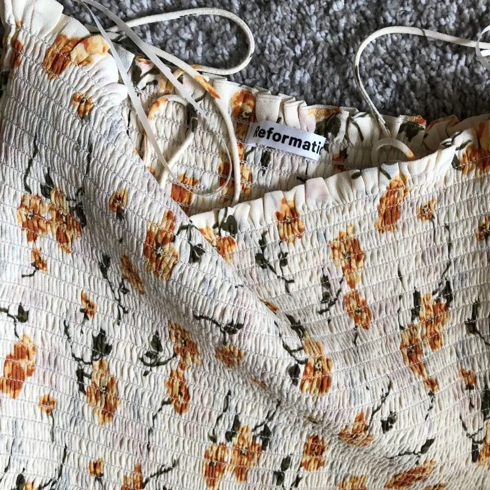 Reformation Sable Midi Dress Small Limo Orange Cream Floral Smoking Stretch - Picture 6 of 8